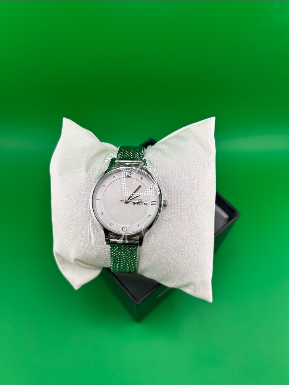 Invicta Silver Dial Watch with Green Mesh Strap